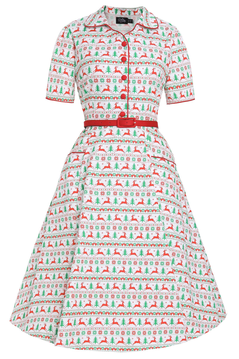 Front view of Mabel Christmas Reindeer Shirt Dress