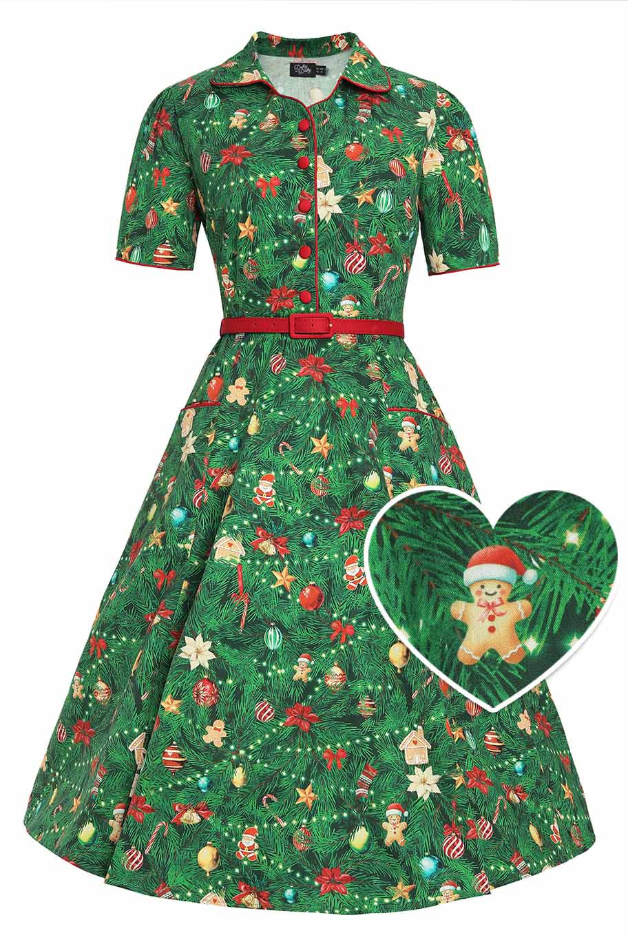 Front view of Mabel Christmas Tree Shirt Dress
