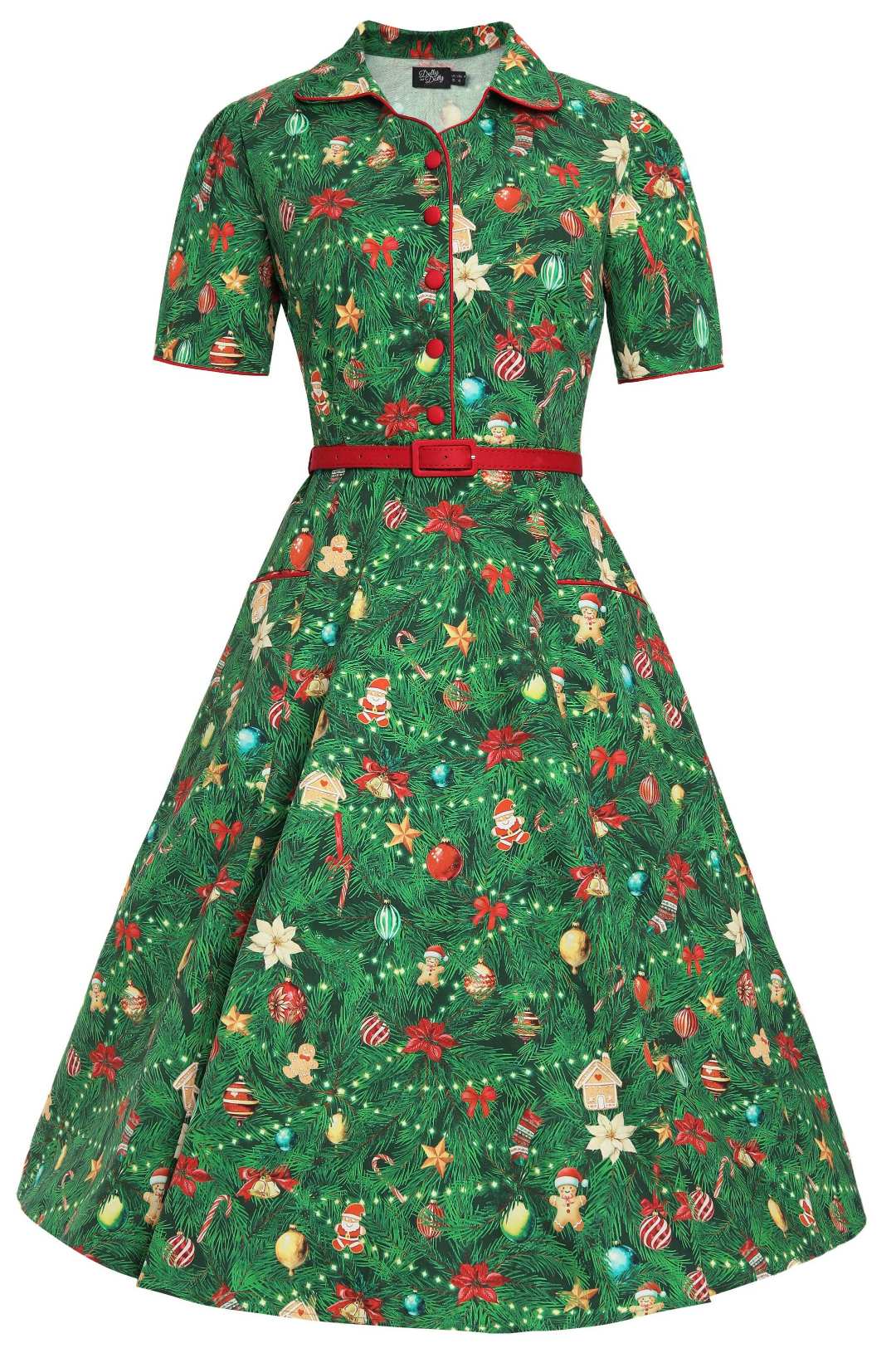 Front view of Mabel Christmas Tree Shirt Dress