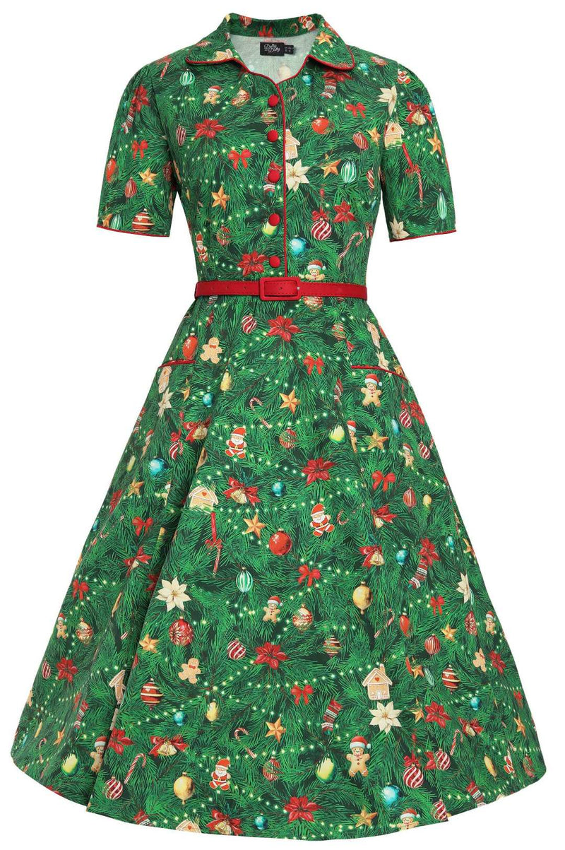Front view of Mabel Christmas Tree Shirt Dress
