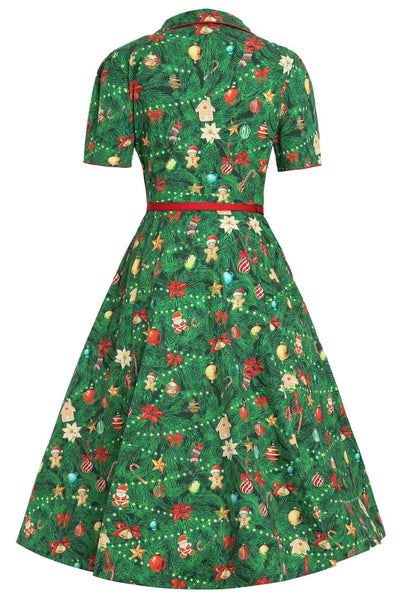 Back view of Mabel Christmas Tree Shirt Dress