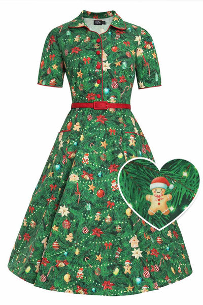 Front view of Mabel Christmas Tree Shirt Dress