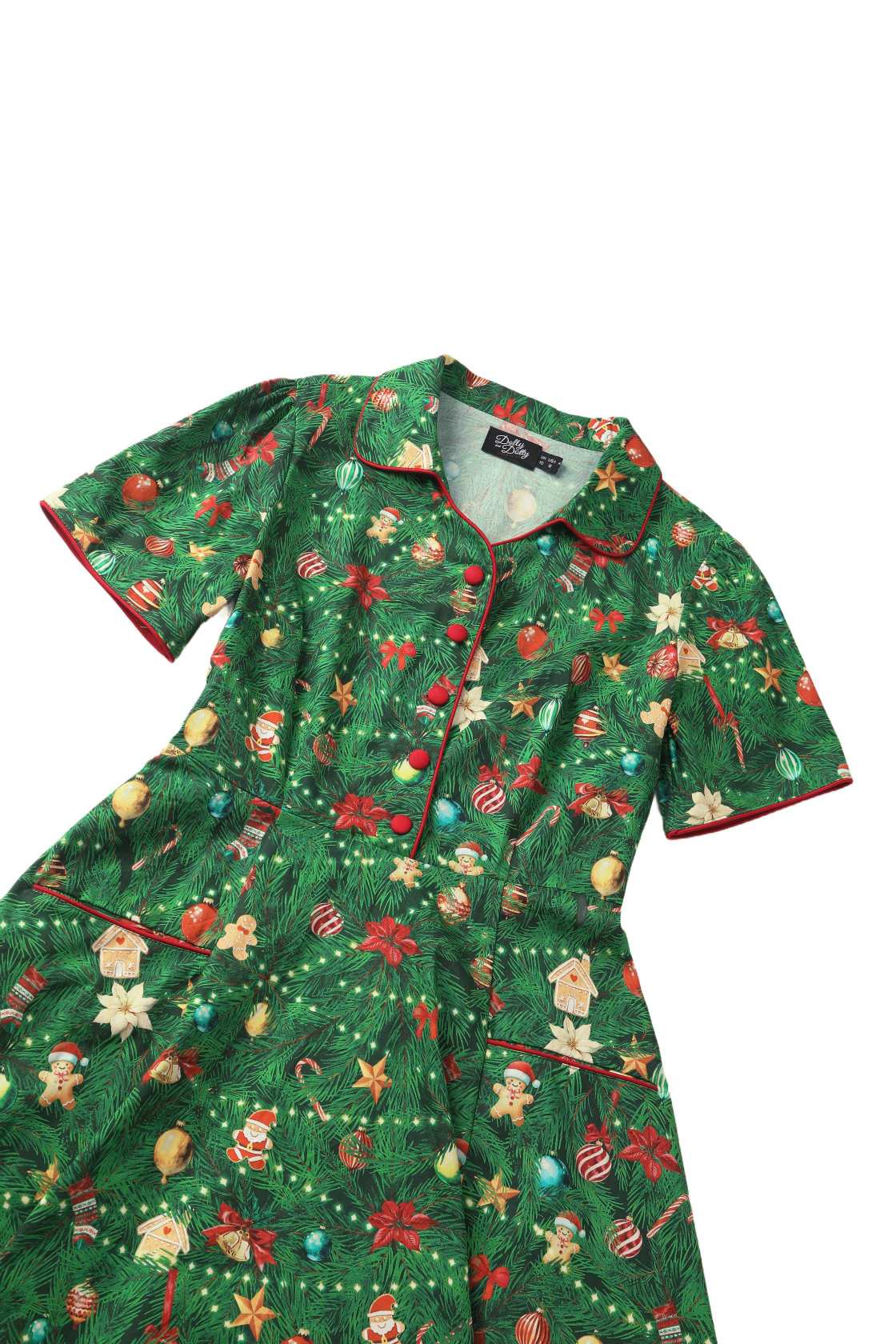 Close up view the top of Mabel Christmas Tree Shirt Dress