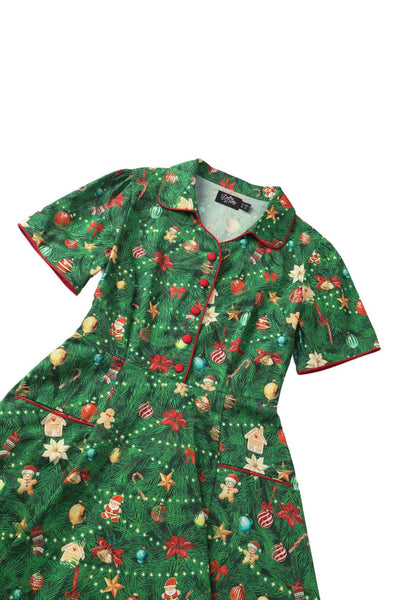 Close up view the top of Mabel Christmas Tree Shirt Dress