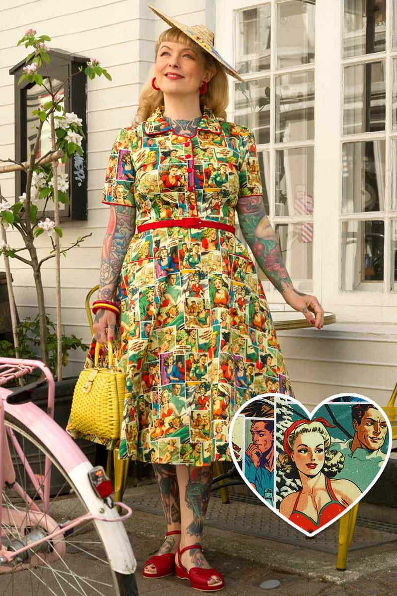 A model wearing Comic Book Midi Shirt Dress