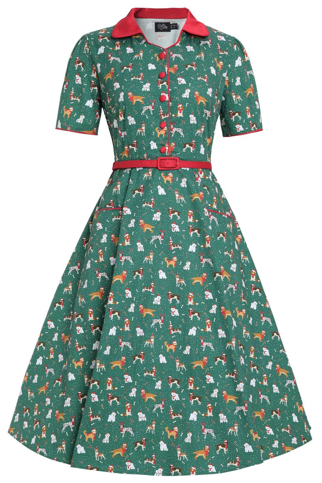 Front view of Mabel Dog At Christmas Shirt Dress