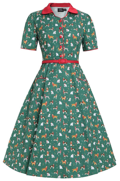 Front view of Mabel Dog At Christmas Shirt Dress