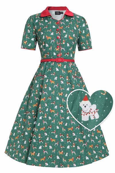 Front view of Mabel Dog At Christmas Shirt Dress
