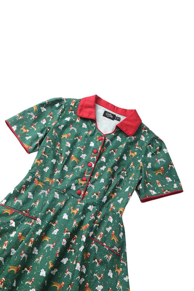 Close up view the top of Mabel Dog At Christmas Shirt Dress