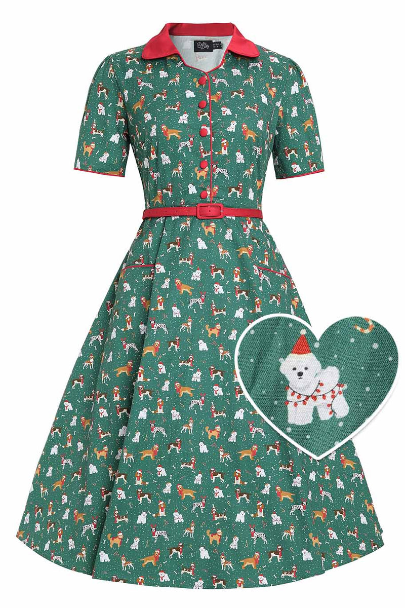 Front view of Mabel Dog At Christmas Shirt Dress