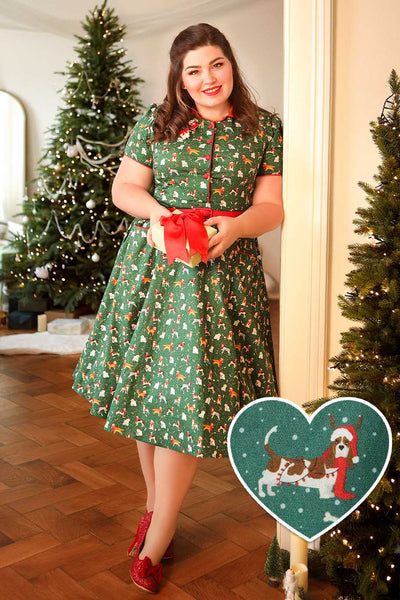A lovely model wearing a Mabel Dog At Christmas Shirt Dress