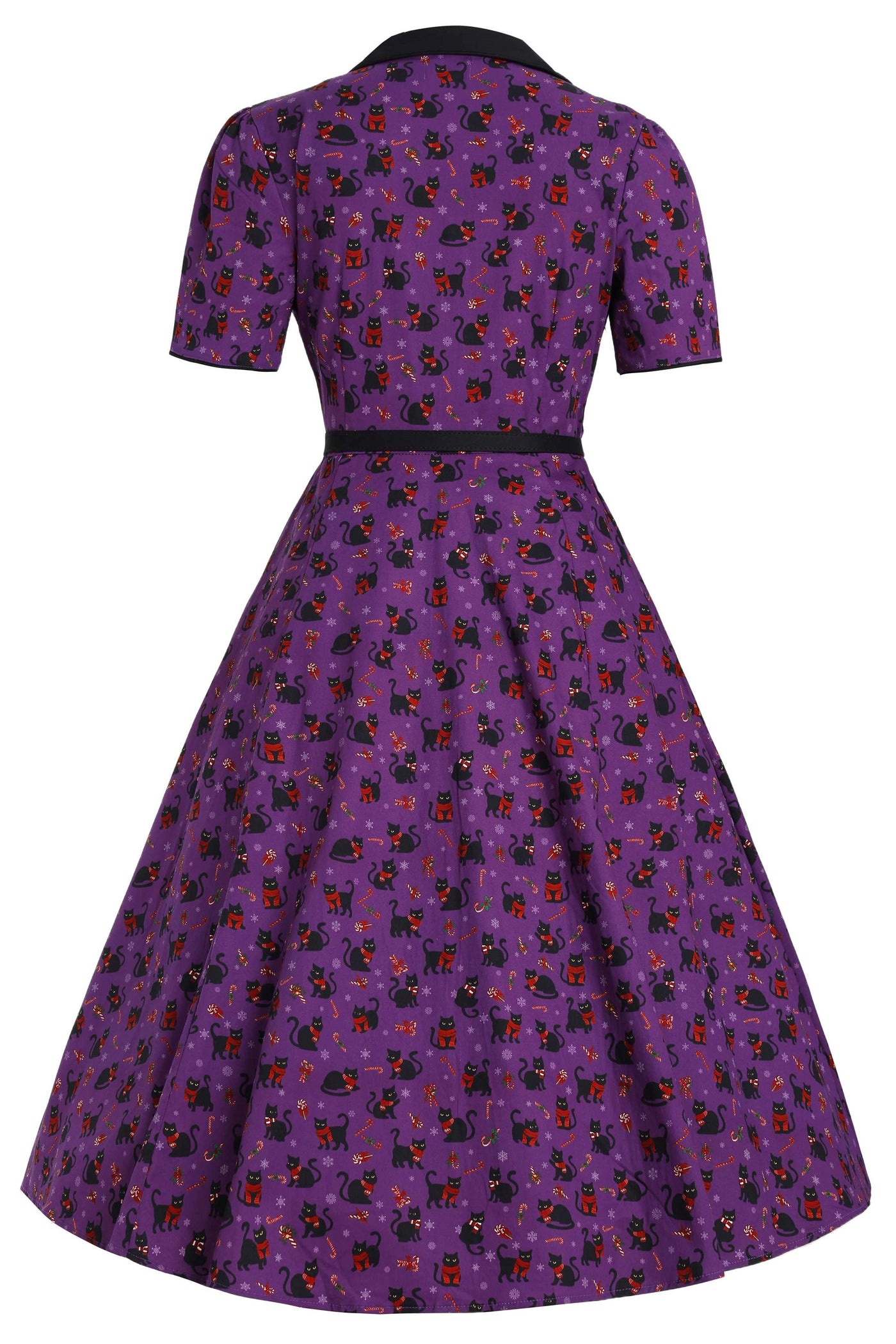 Back view of Mabel Festive Cat Shirt Dress In Purple