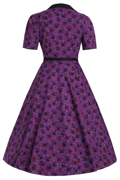 Back view of Mabel Festive Cat Shirt Dress In Purple