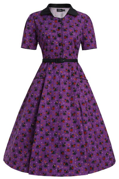 Front view of Mabel Festive Cat Shirt Dress In Purple