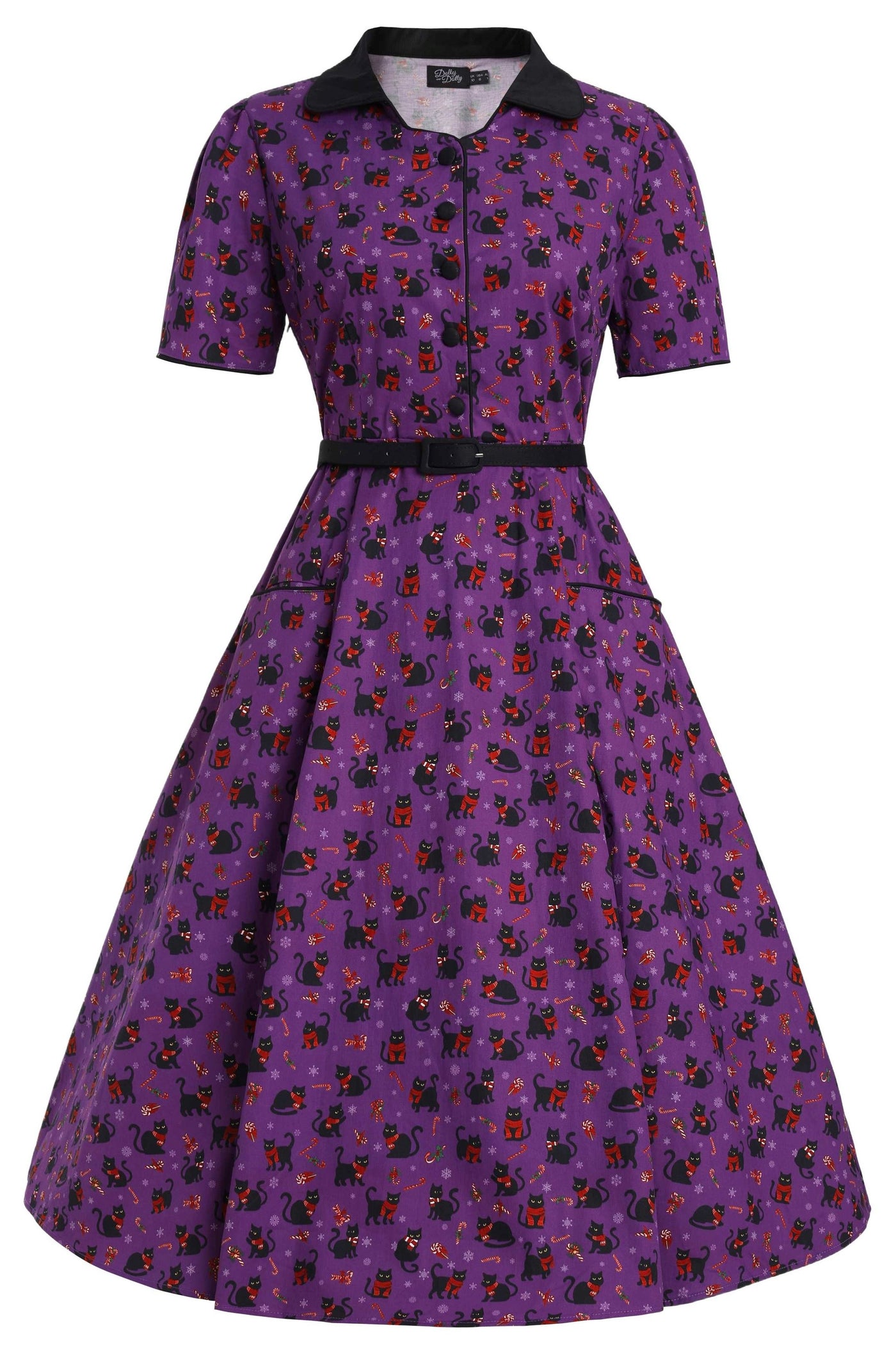 Front view of Mabel Festive Cat Shirt Dress In Purple