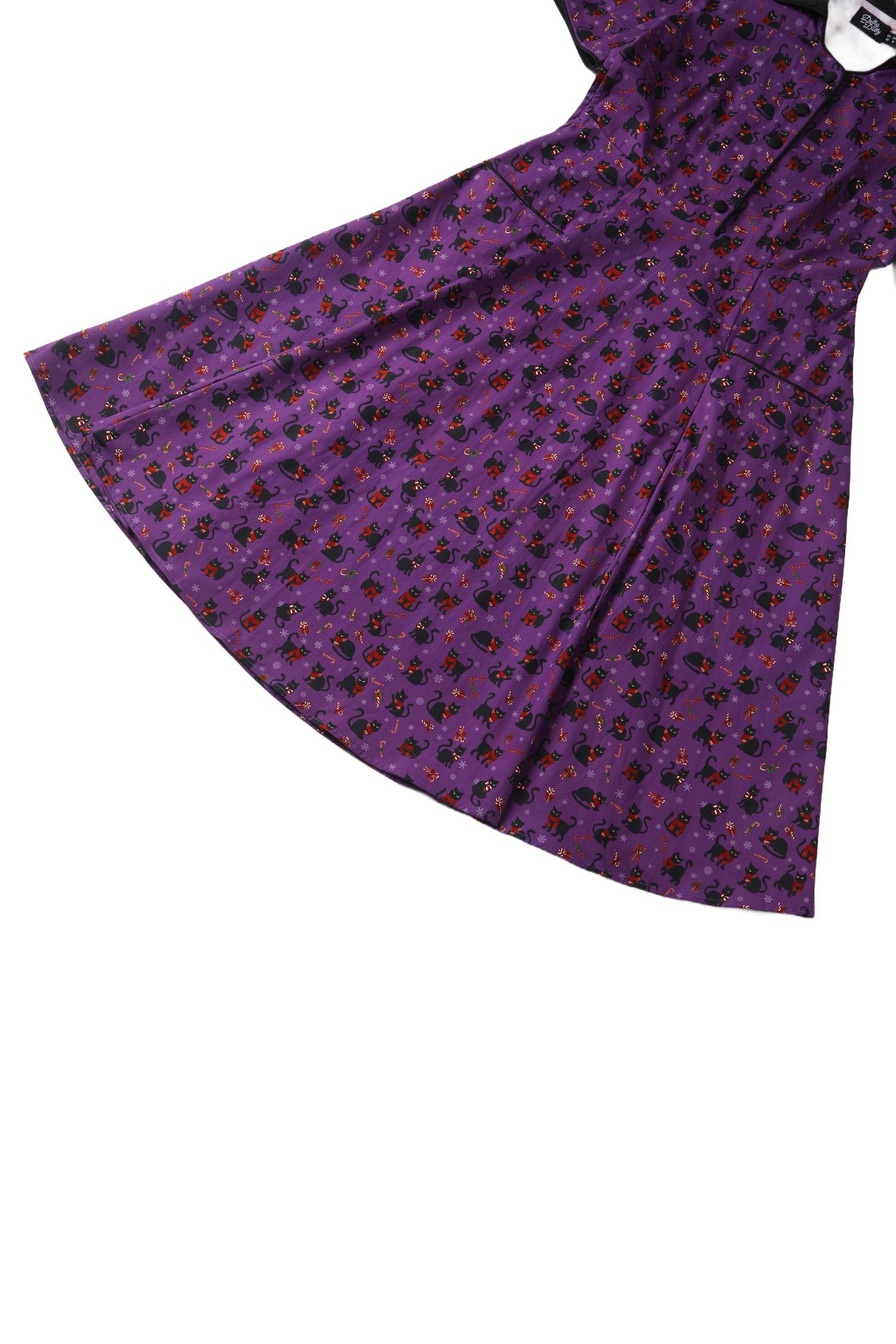 Close up view of Mabel Festive Cat Shirt Dress In Purple