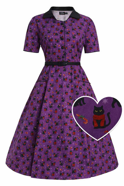 Front view of Mabel Festive Cat Shirt Dress In Purple