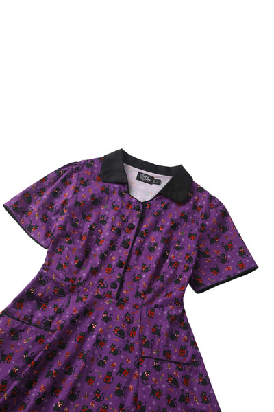 Close up view of Mabel Festive Cat Shirt Dress In Purple