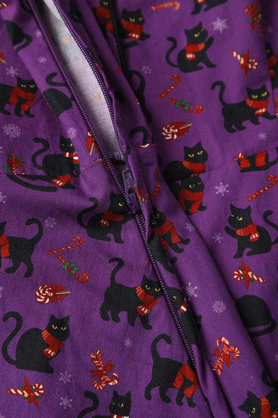 Zipper of Mabel Festive Cat Shirt Dress In Purple