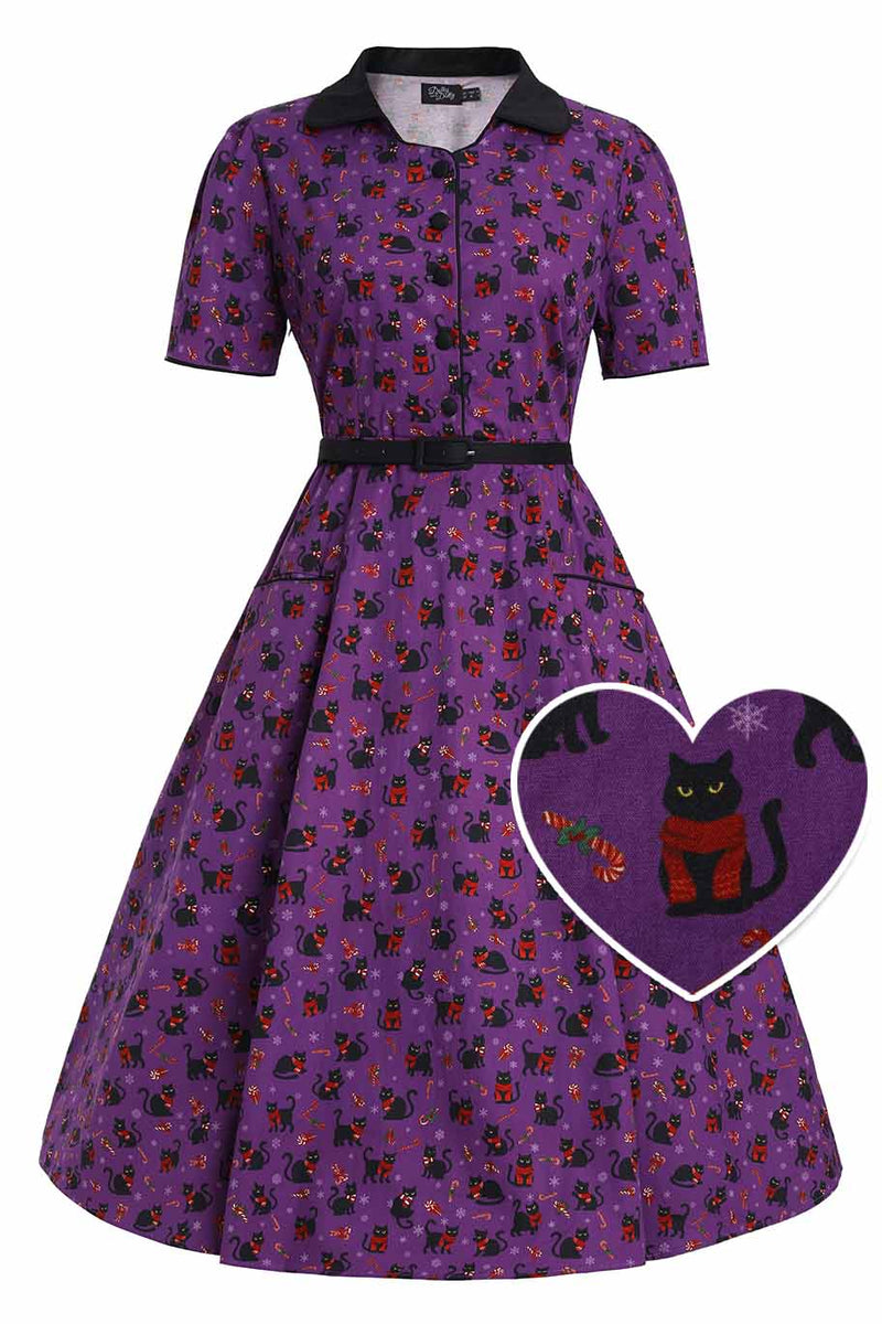 Front view of Mabel Festive Cat Shirt Dress In Purple