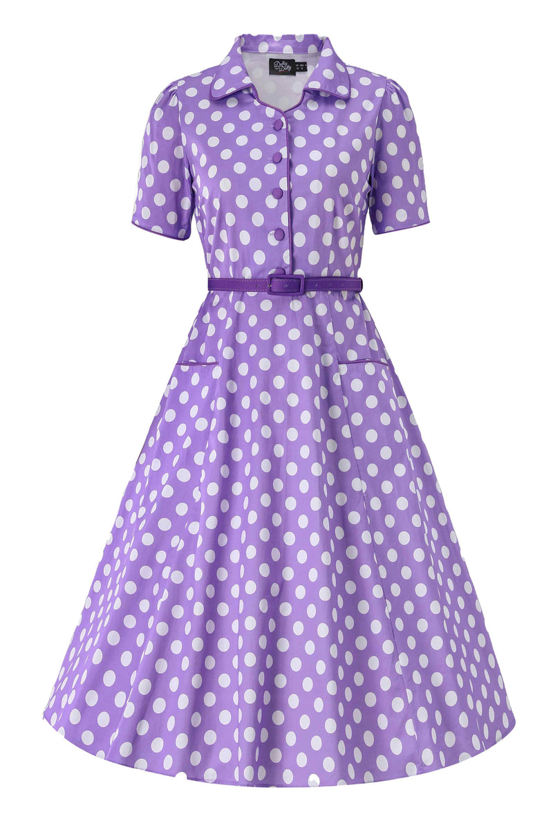 Front view of Mabel Lilac Polka Dot Midi Shirt Dress