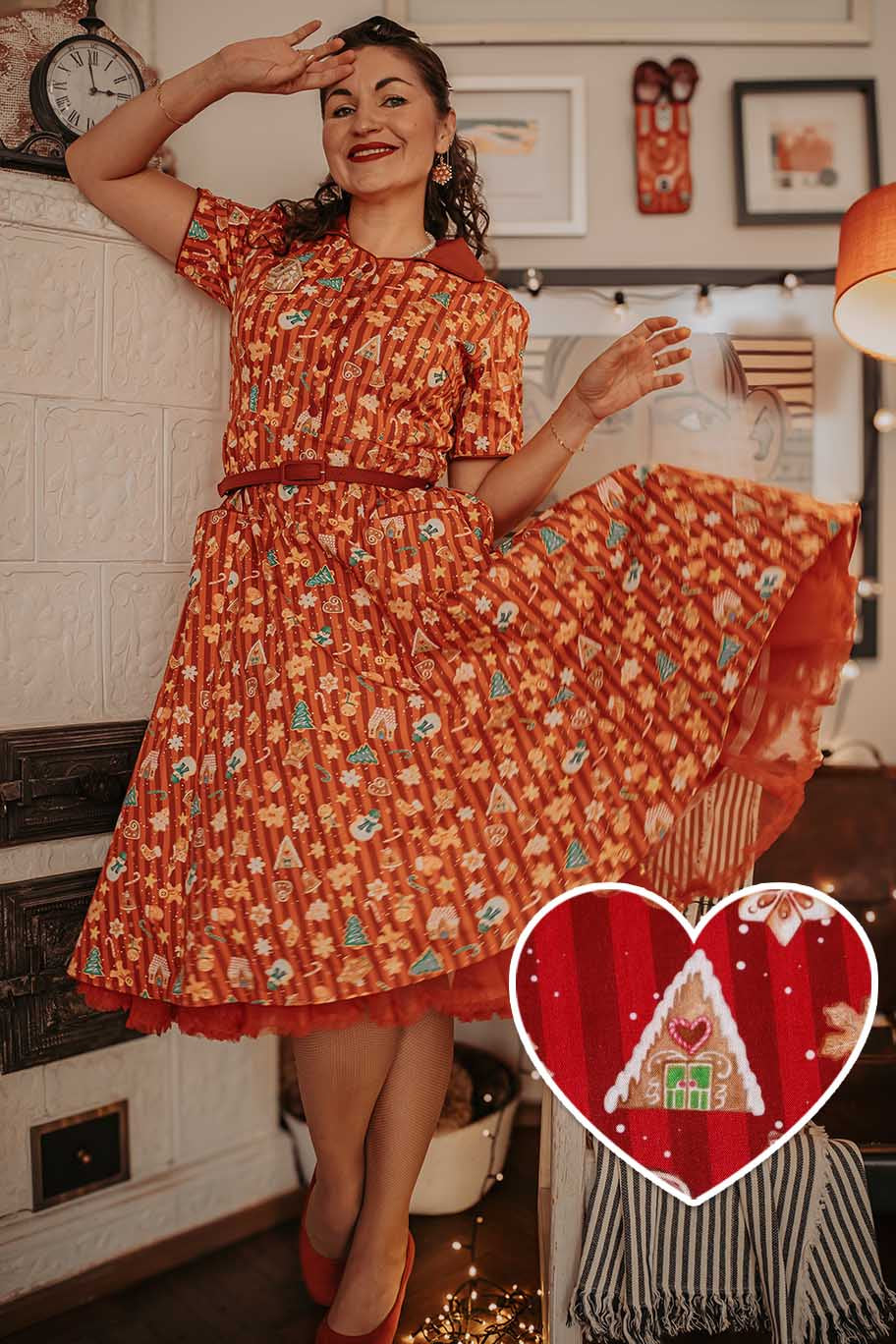 A model wearing a Mabel Christmas Gingerbread Cookie Shirt Dress