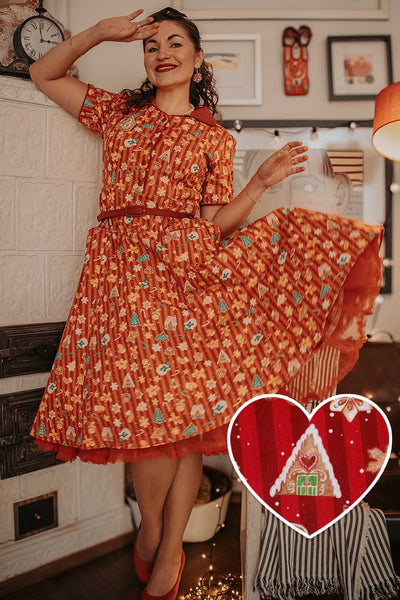 A model wearing a Mabel Christmas Gingerbread Cookie Shirt Dress