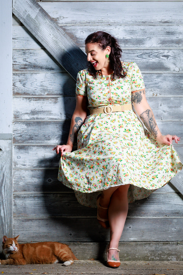 flo cotton midi shirt dress Retro Floral Midi Shirt Dress In Cotton