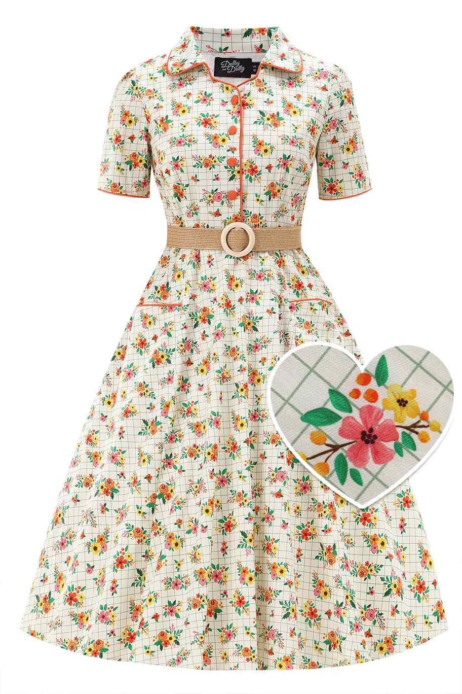 Front view of  Retro Floral Midi Shirt Dress