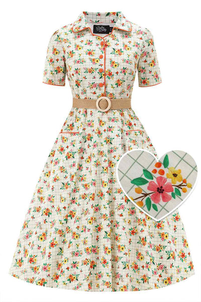 Front view of  Retro Floral Midi Shirt Dress