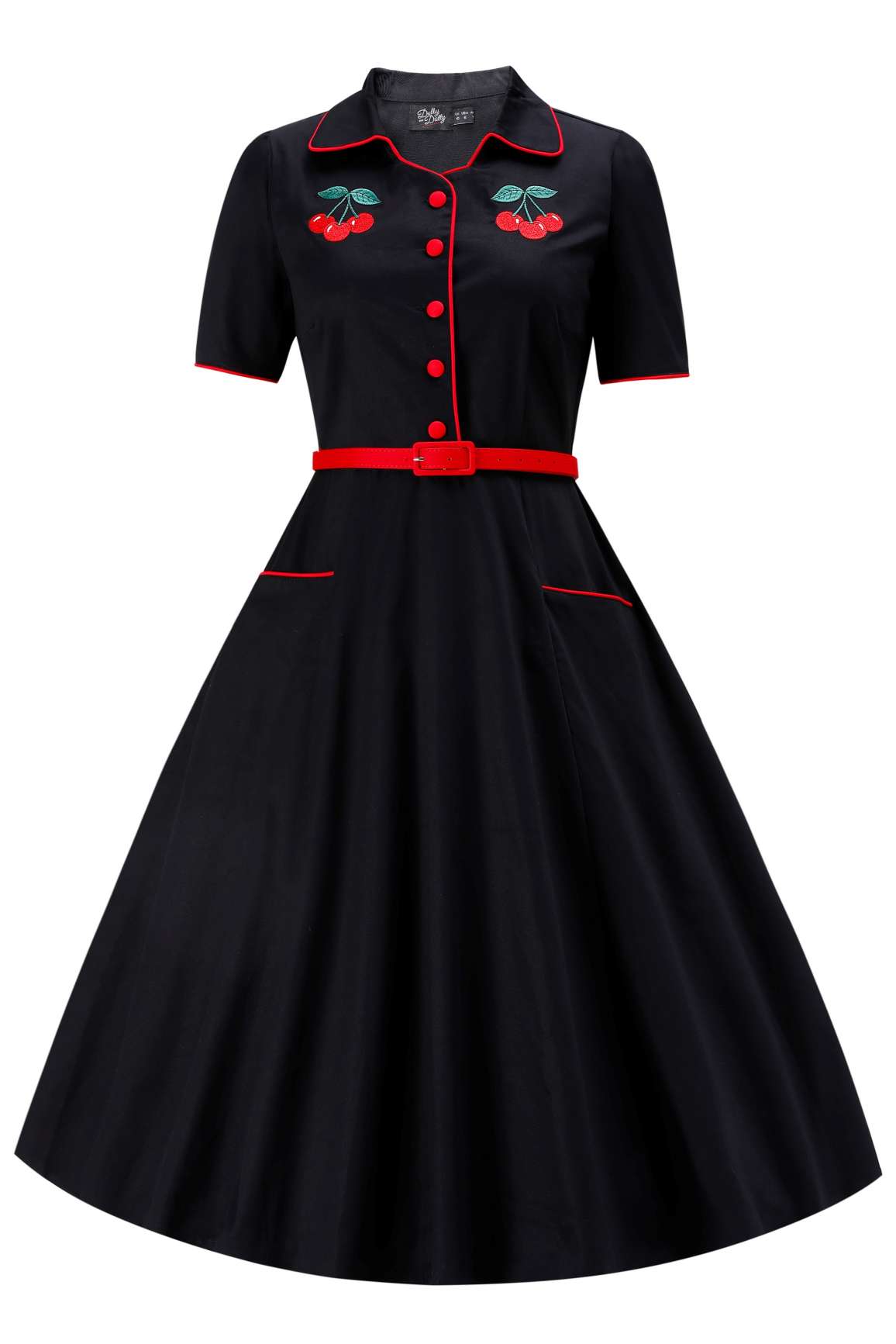 Front view of Mabel Rockabilly Midi Shirt Dress With Cherry Embroidery