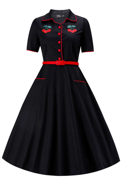 Front view of Mabel Rockabilly Midi Shirt Dress With Cherry Embroidery