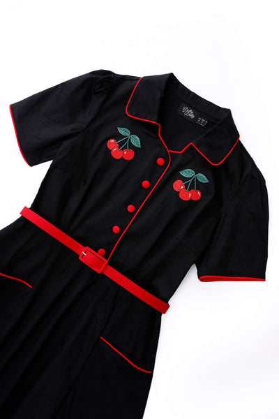 Close up view of Mabel Rockabilly Midi Shirt Dress With Cherry Embroidery