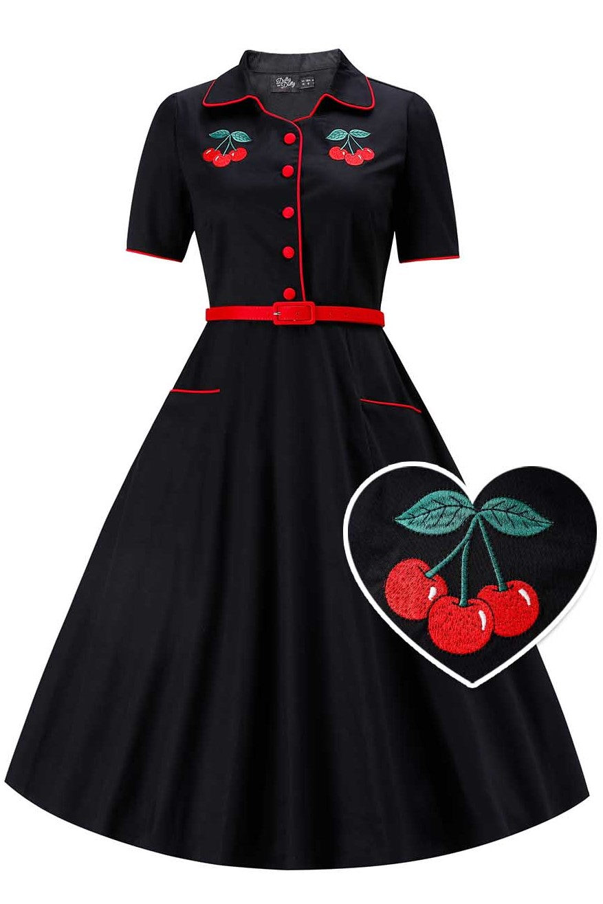 Front view of Mabel Rockabilly Midi Shirt Dress With Cherry Embroidery