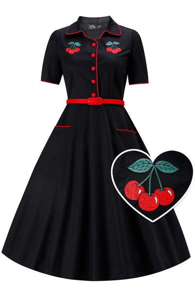 Front view of Mabel Rockabilly Midi Shirt Dress With Cherry Embroidery