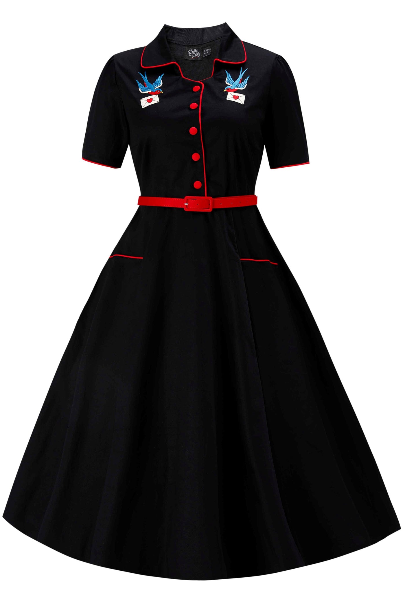 Front view of Mabel Rockabilly Midi Shirt Dress With Swallow Embroidery