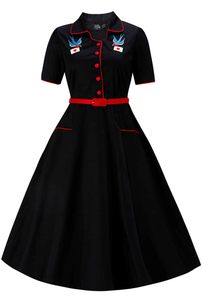 Front view of Mabel Rockabilly Midi Shirt Dress With Swallow Embroidery