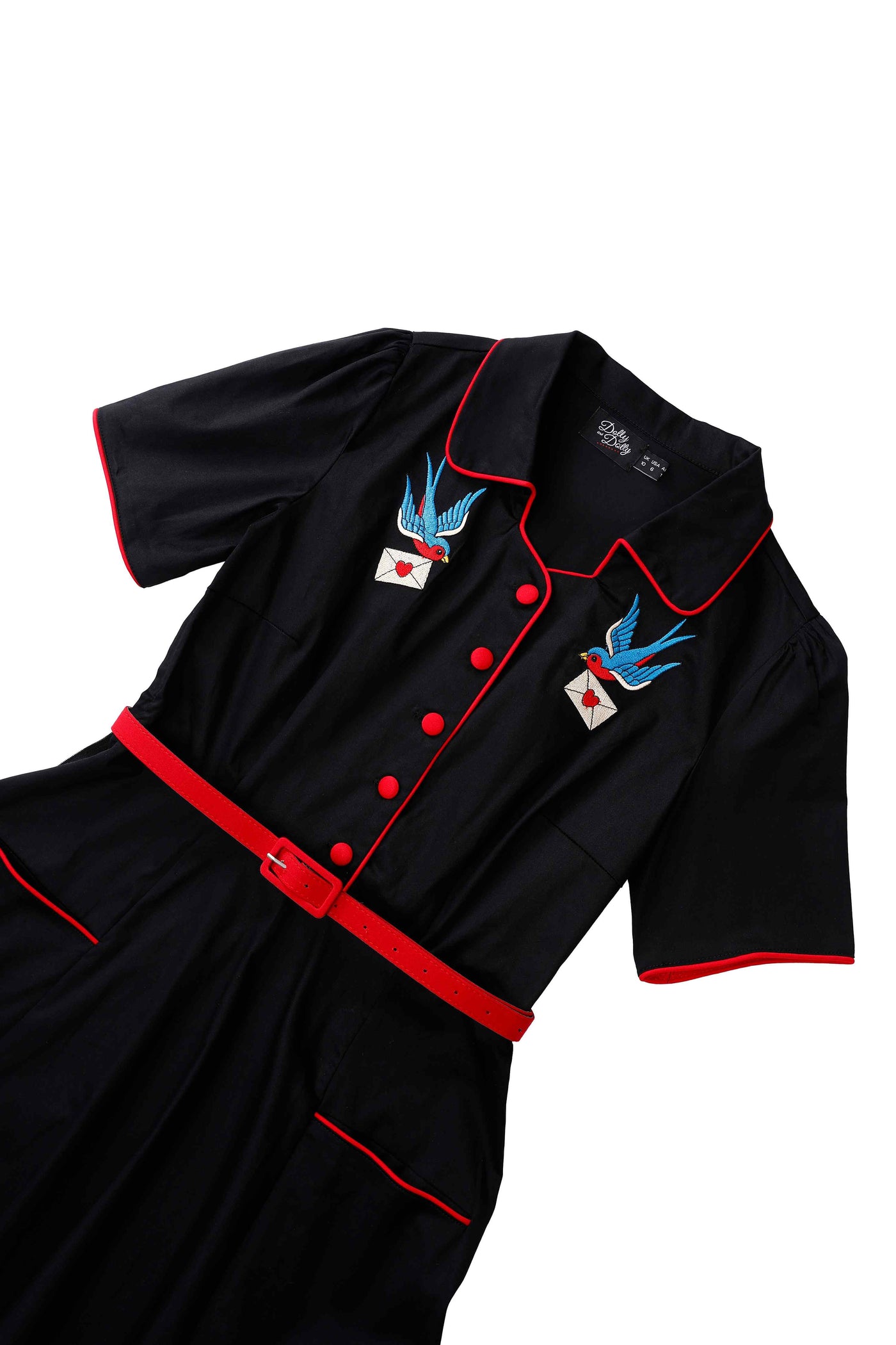 Close up view of Mabel Rockabilly Midi Shirt Dress With Swallow Embroidery
