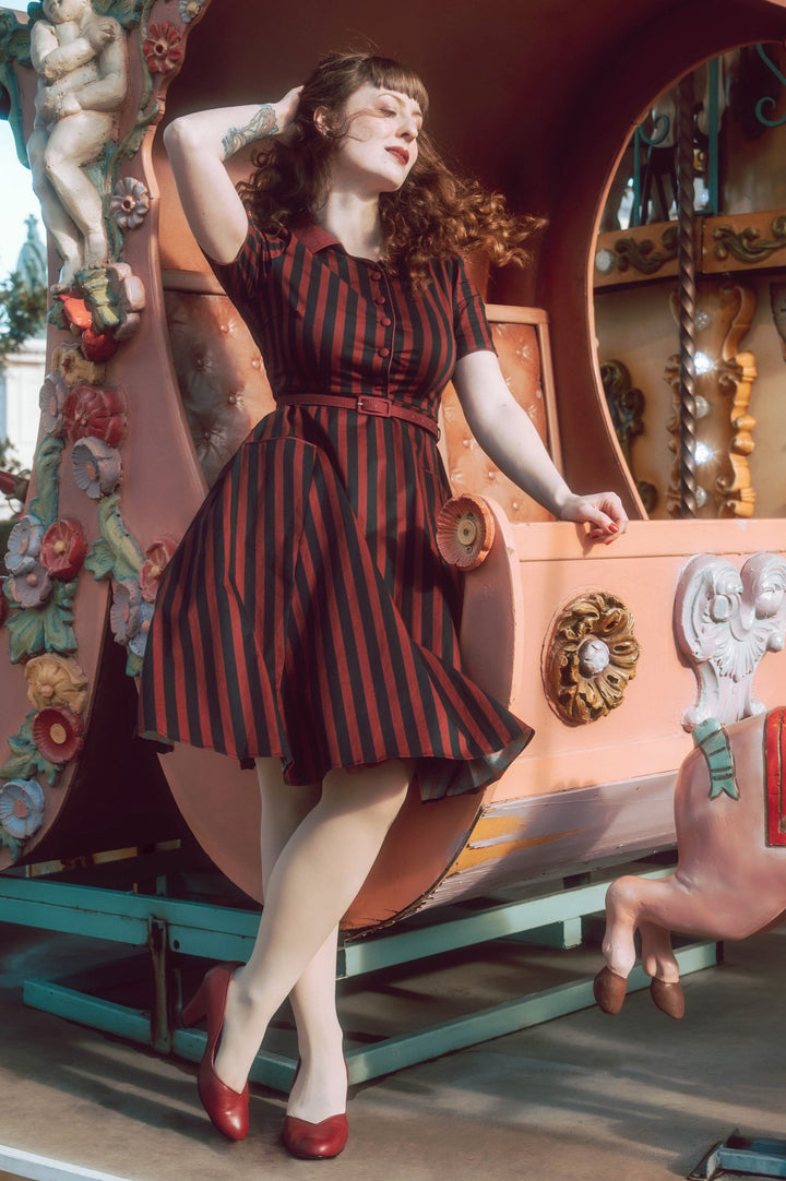 burgundy and black striped dress Elegant Brown Striped Asymmetrical Midi Slip Dress Styled Perfectly