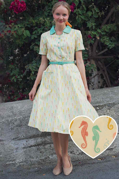 Model @tanya_inyshina wearing Mabel Seahorse Midi Shirt Dress