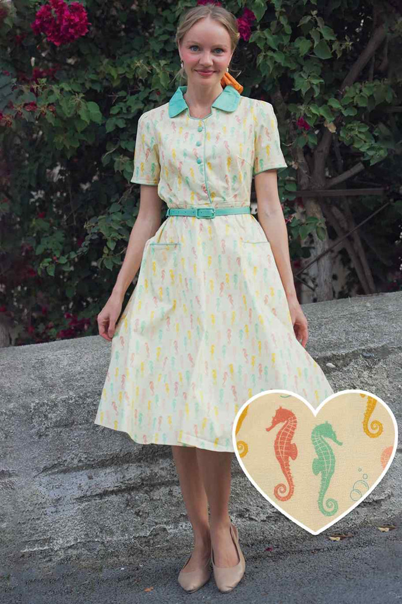 Model @tanya_inyshina wearing Mabel Seahorse Midi Shirt Dress