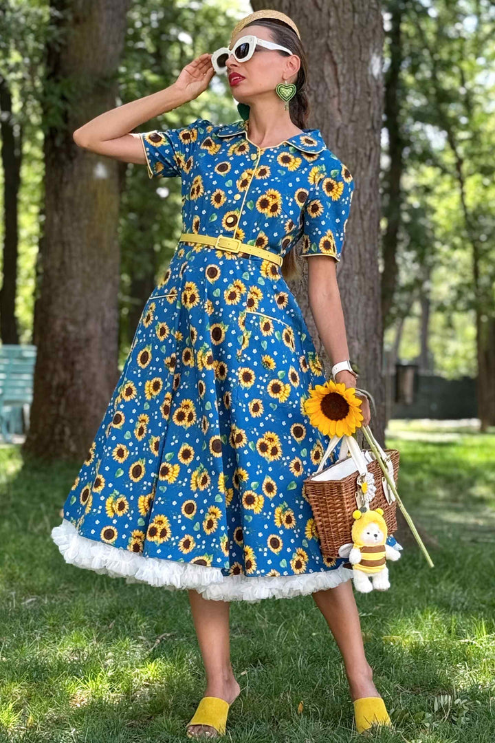 Short Sleeved Sunflower Midi Dress In Blue