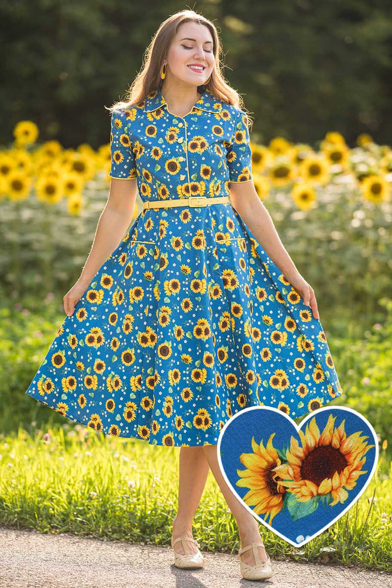 Short Sleeved Sunflower Midi Dress In Blue Short Sleeved Sunflower Midi Dress In Blue
