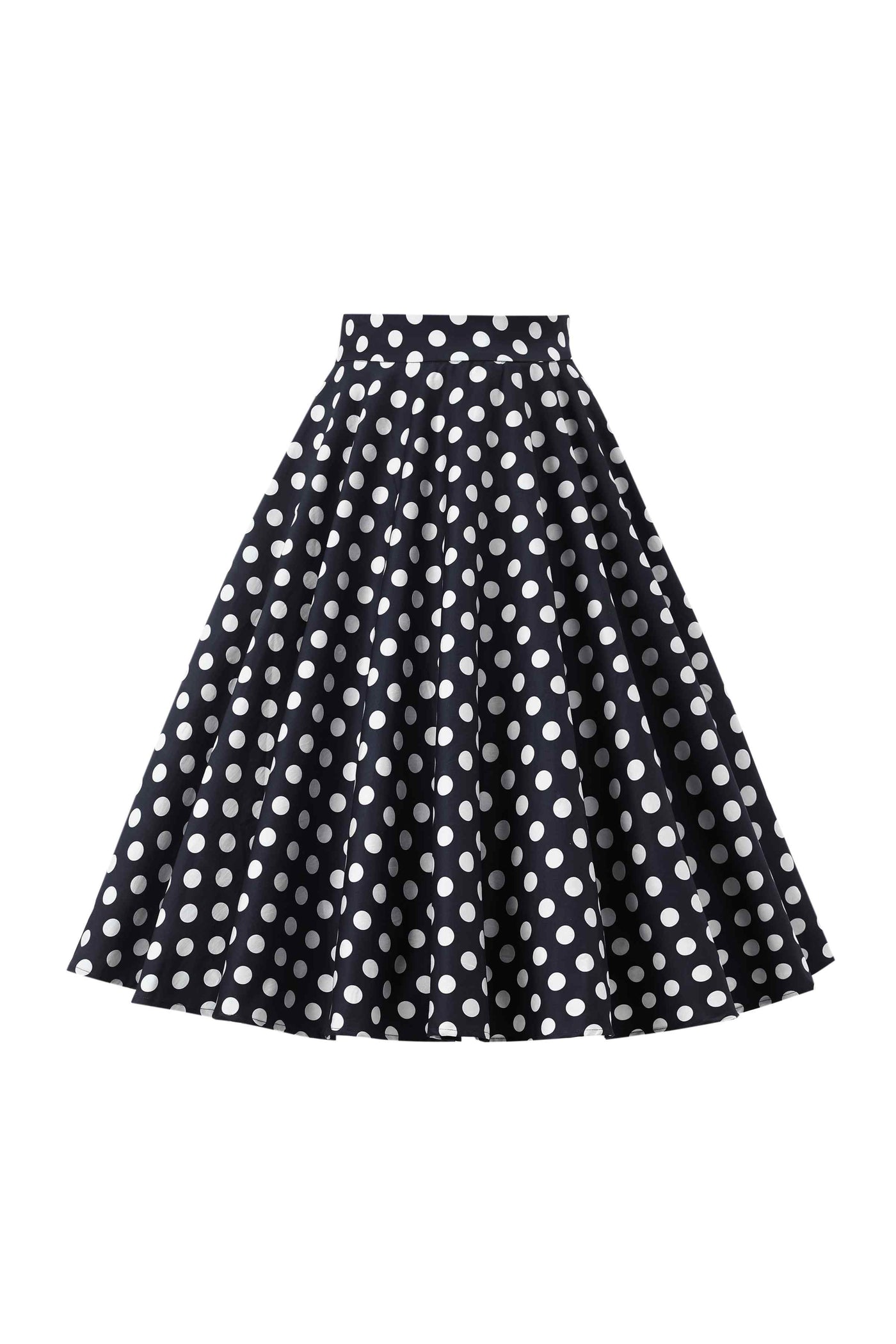 Front view of Maisie Black Polka Dot Full Circle Midi Skirt