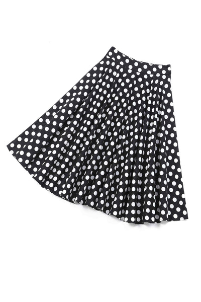 Close up view of Maisie Black Polka Dot Full Circle Midi Skirt