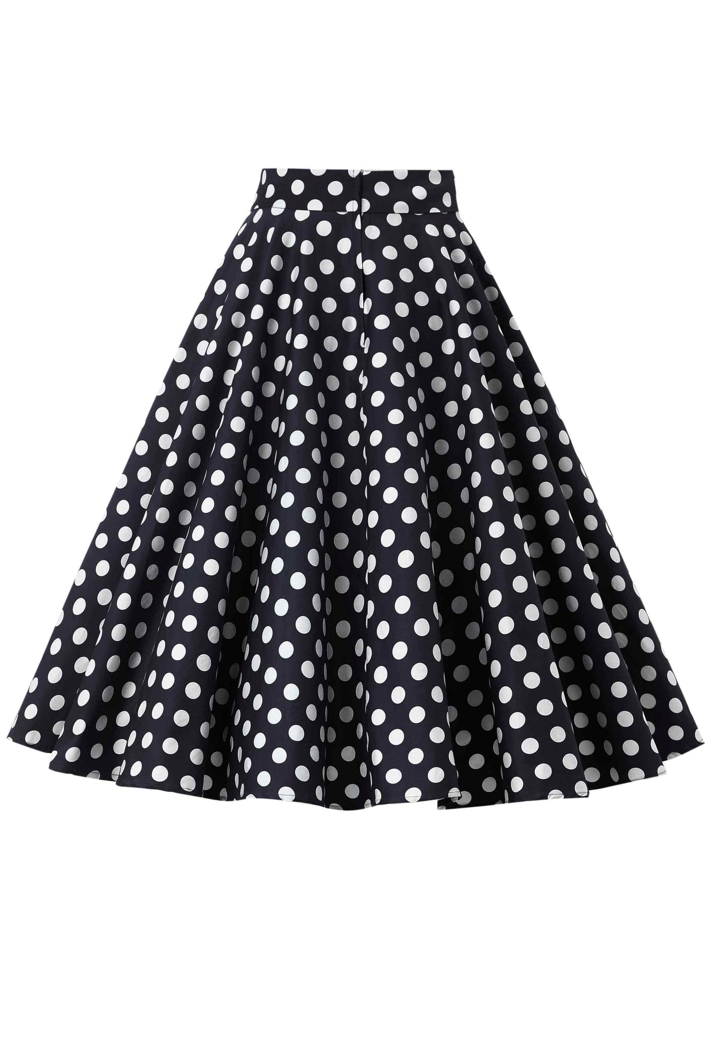 Back view of Maisie Black Polka Dot Full Circle Midi Skirt