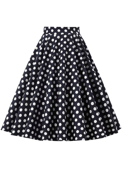 Front view of Maisie Black Polka Dot Full Circle Midi Skirt