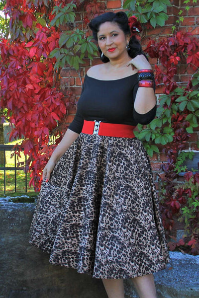 A model wearing a Maisie Leopard Print Full Circle Midi Skirt