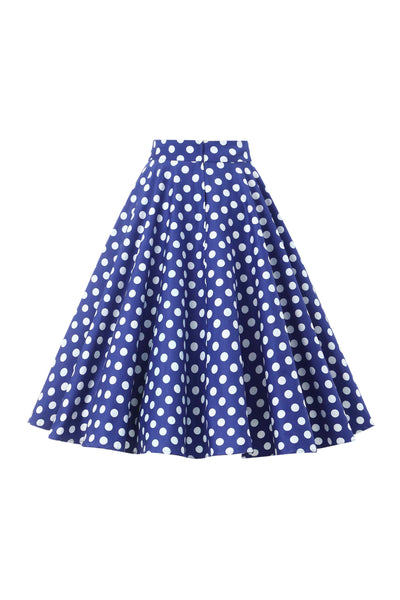 Back view of Maisie Navy Polka Dot Full Circle Midi Skirt