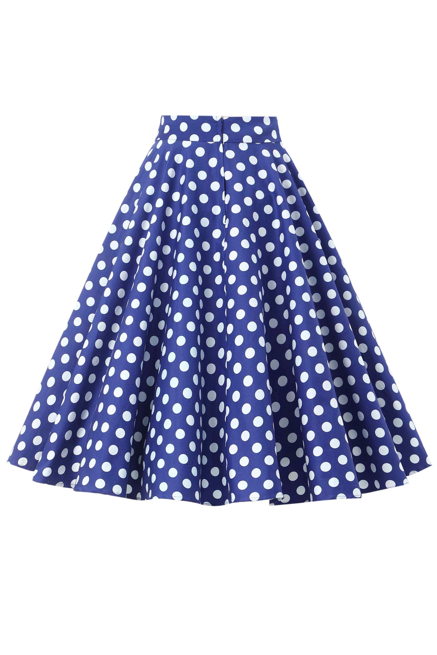 Back view of Maisie Navy Polka Dot Full Circle Midi Skirt